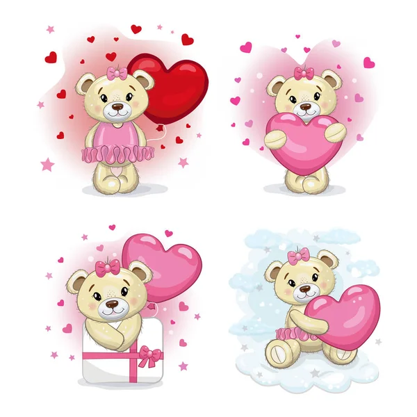 Ένα Σετ Χαριτωμένα Αρκουδάκια Ροζ Καρδιές Teddy Αρκούδες Χαριτωμένο Σύνολο — Διανυσματικό Αρχείο
