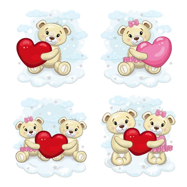 Sada Roztomilých Medvídků Červeným Růžovým Srdcem Teddy Medvídci Roztomilé Set — Stockový vektor