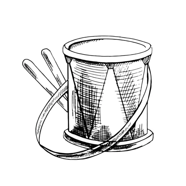 Uno Schizzo Inchiostro Disegnato Mano Tamburo Giocattolo Con Bacchette Contorno — Vettoriale Stock