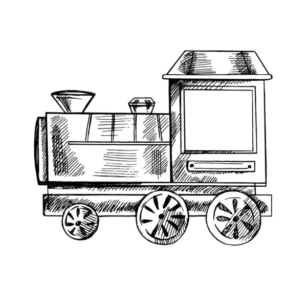 Boceto Tinta Dibujado Mano Tren Juguete Vintage Esquema Sobre Fondo — Archivo Imágenes Vectoriales