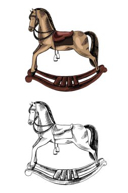 Klasik tahta bebek sallanan atın el yapımı mürekkep çizimi. Taslak klasik vektör çizimi. Etiketler, ambalajlar ve kart tasarımı için klasik taslak ögesi.