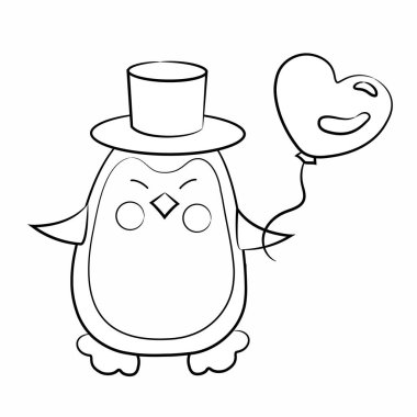 Silindir şapkalı, kalp şeklinde balonu olan sevimli siyah-beyaz çizgili penguen. Vektör çizgisi çizimi. Kawaii, çocukların doğum günü ya da sevgililer günü illüstrasyonu..