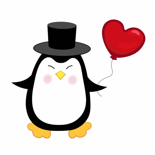 Pinguim Bonito Chapéu Superior Com Balão Forma Coração Ilustração Vetorial — Vetor de Stock