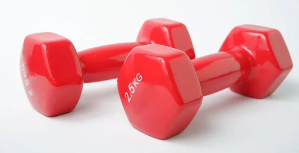 Sport Equipment Two Red Dumbbells Weighing White Background — Stock Photo, Image