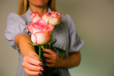 Mavi elbiseli kadın adama pembe bir gül çiçeği veriyor. Bir gül ile ellerin yakın görüntüsü. Aşk, aşk.