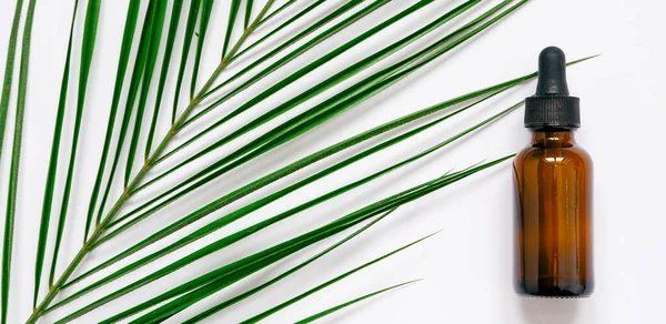 Beyaz arka planda gerekli yağlar, palmiye yaprakları, maketler. Kahverengi cam şişelerde pipetli kozmetik tıbbi güzellik ürünü.