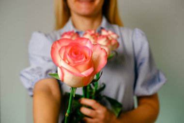 Mavi elbiseli kadın adama pembe bir gül çiçeği veriyor. Bir gül ile ellerin yakın görüntüsü. Aşk, aşk.