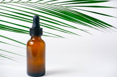 Beyaz arka planda gerekli yağlar, palmiye yaprakları, maketler. Kahverengi cam şişelerde pipetli kozmetik tıbbi güzellik ürünü.