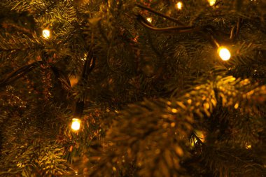 Noel arkaplanı. Noel ağacında çelenkler yeni yılı aydınlatıyor. Karışık çelenklerin yanıp sönen ışıklarıyla soyut bulanık fotoğraf arkaplanı.