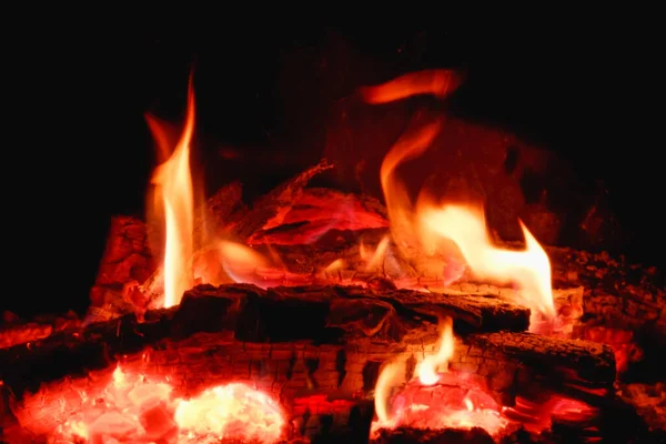 Płonące Drewno Opałowe Węgiel Kamiennym Piecu Piec Cegły Drewnie Długie — Zdjęcie stockowe