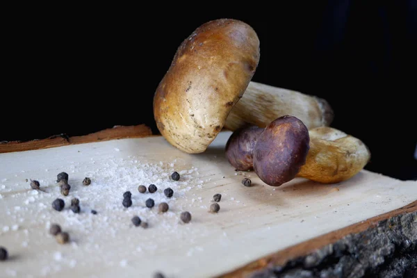 Složení Jedlých Hub Dřevěné Desce Černé Pozadí Kulinářské Pojetí — Stock fotografie