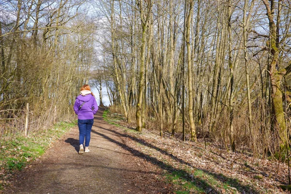 Bir kadın ormanda bir patika boyunca yürür. Arkadan bak. - Evet. Yürüyüş. Hareket, spor, sağlıklı yaşam tarzı.