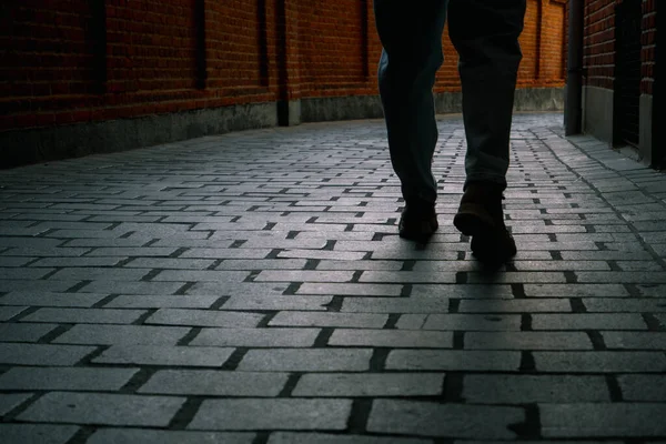 Woman Jeans Walks Narrow Streets City Cropped Photo Back View — Stock Fotó