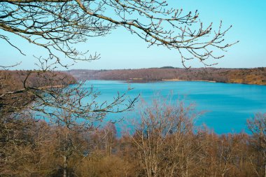 Peyzaj suyu, güzel bahar manzarası. Açık bir bahar gününde, yuvarlanan kırsal bölgenin Mavi Gölü. Bahar, ön planda tomurcukları olan büyük bir ağacın dalları..
