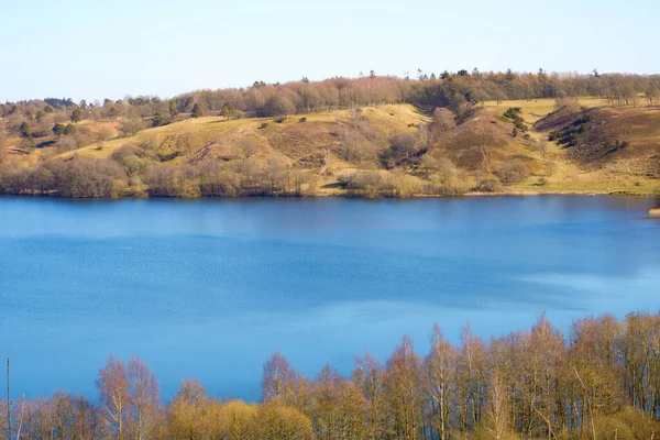 Landscape Blue Lake Wooded Hilly Shores Early Spring Idyllic Early — стоковое фото