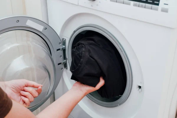 Washing Clothes Woman Loading Washing Machine Light Interior Close Woman — Stock Photo, Image