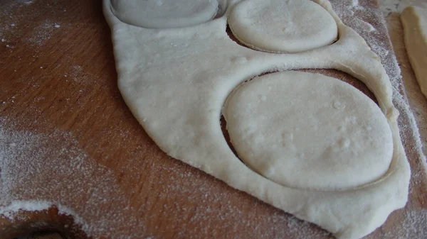 Cooking Yeast Dough Working Dough Kitchen Close Rolled Out Dough — Stock Photo, Image