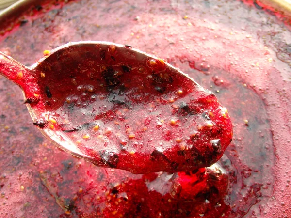 Black currant jam on a spoon. Texture. Dark Red Berry Jam Flat Background.