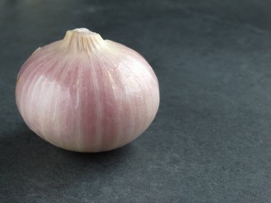 onion and garlic on grey stone table. Raw Vegetables on a Dark Background