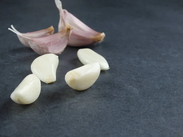 Onion Garlic Grey Stone Table Raw Vegetables Dark Background — Φωτογραφία Αρχείου