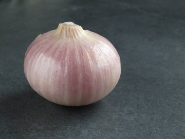 onion and garlic on grey stone table. Raw Vegetables on a Dark Background