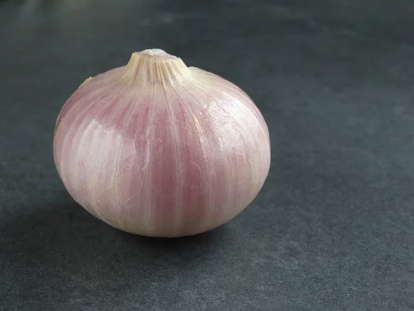 Onion Garlic Grey Stone Table Raw Vegetables Dark Background — Stock Photo, Image