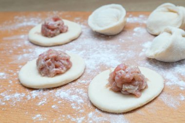 Dumplings with meat. The process of cooking Asian gyoza dumplings. Flour, dough on a wodden background. Home cooking dumplings, dough and minced meat