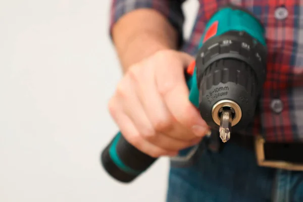 Handworker Working Electric Screwdriver Man Using Drill Home — Foto de Stock