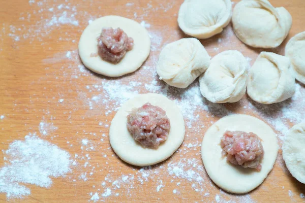 Dumplings Meat Process Cooking Asian Gyoza Dumplings Flour Dough Wodden — Photo