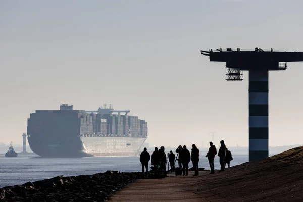 Rotterdam, Hollanda - 2-27-2022: Rotterdam limanına giren gemileri fotoğraflayan bir grup tersane gözcüsü