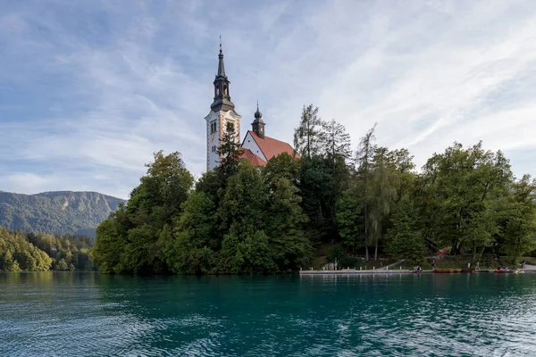 church of the mother of god on the lake in Bled, Slovenija on a partly clouded day