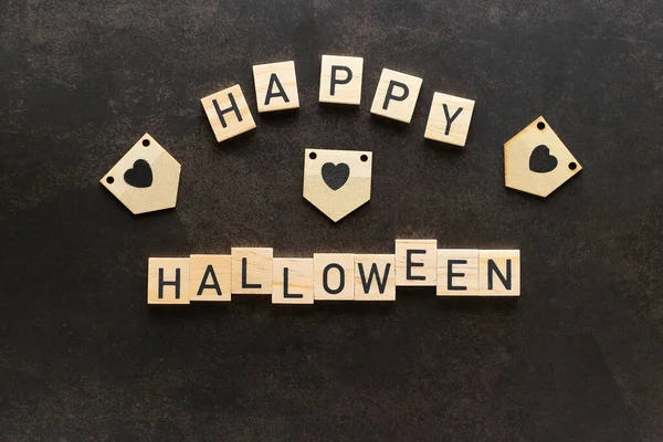 Felice Halloween Lettering Lettere Quadrate Legno Sfondo Scuro Vista Dall — Foto Stock