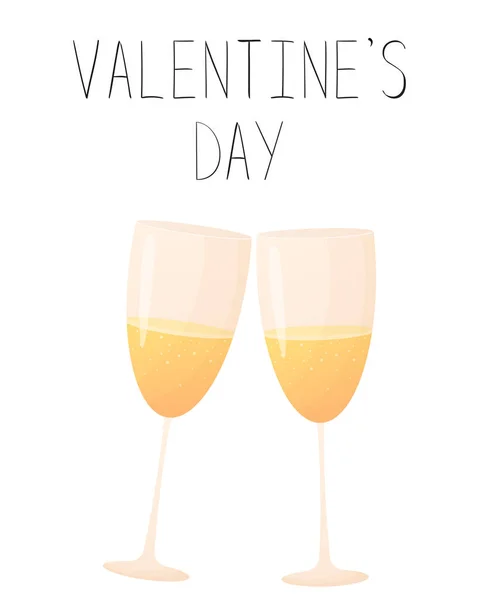 Postcard Champagne Cartoon Style Vector Illustration Two Wine Glasses Valentine Telifsiz Stok Vektörler