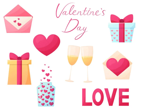 Vector Set Valentine Day Elements Cartoon Style Isolated White Background Royalty Free Διανύσματα Αρχείου