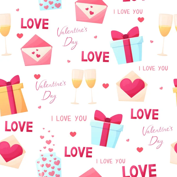 Seamless Pattern Love Valentine Day Vector Print Champagne Gift Love Vektör Grafikler