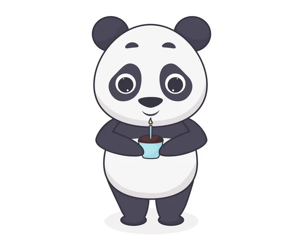 Glücklicher Panda Bläst Die Kerzen Auf Dem Cupcake Aus Vektorillustration — Stockvektor