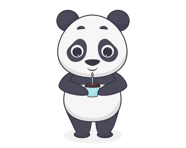 Mutlu Panda Kekin Üzerindeki Mumları Üflüyor Çizgi Film Tarzındaki Sevimli Telifsiz Stok Illüstrasyonlar