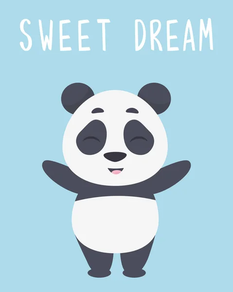 Çizgi Film Tarzında Pandayla Şirin Bir Kart Mavi Arka Planda Vektör Grafikler
