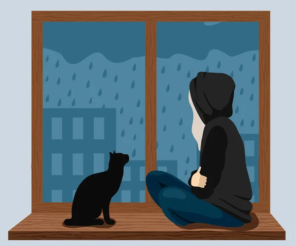 Ein Mädchen mit einer Katze sitzt auf der Fensterbank und betrachtet den Regen vor dem Fenster. Das Mädchen ist traurig. Cartoon unglückliche Frau Konzept der Trauer und melancholischen Stimmung, Vektorillustration — Stockvektor