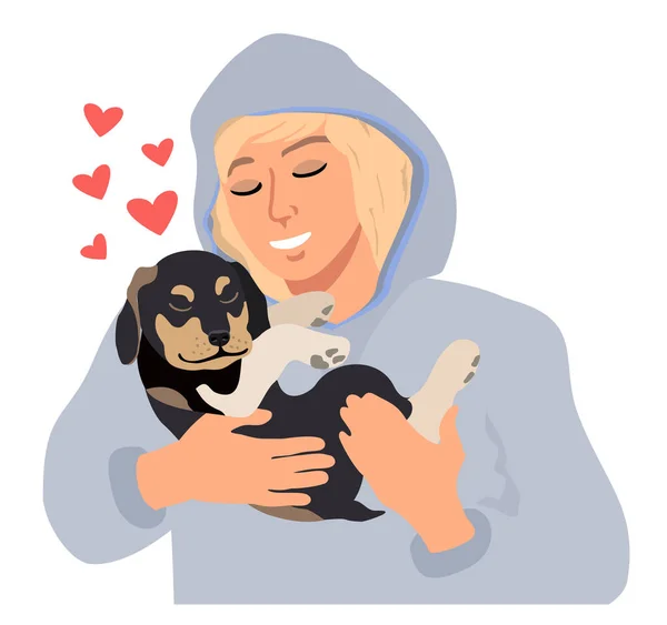 Teenager pet friend. Cartoon mladý muž objímající roztomilé štěně s péčí a láskou. Útulné uvolňující přátelství člověka a mazlíčka. Plakát s červenými srdci izolované na bílém pozadí, vektorové ilustrace — Stockový vektor