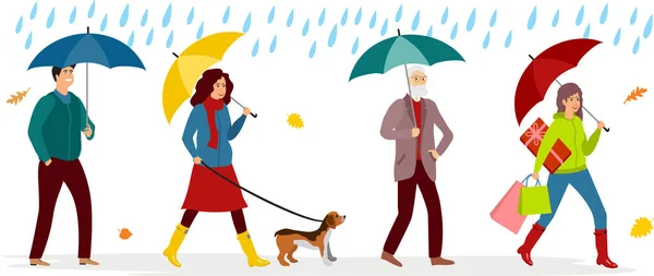 Pessoas a andar debaixo de chuva. Tempo de outono, homem e mulher com ilustração vetorial guarda-chuva. Guarda-chuvas mulher e homem conceito. —  Vetores de Stock