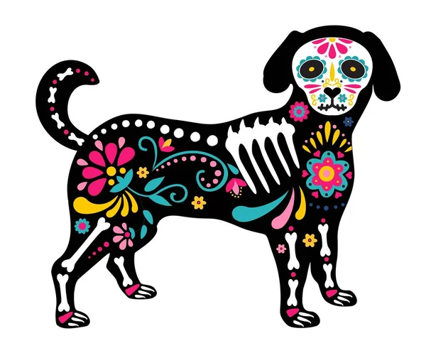 Ölüler Günü, Dia de los muertos, hayvan kafatası ve renkli Meksika unsurları ve çiçekleriyle süslenmiş iskelet. Köpek iskeleti. Fiesta, Cadılar Bayramı, tatil posteri, parti. Vektör illüstrasyonu