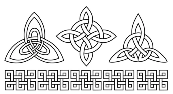 Średniowieczny celtycki zestaw tatuaży. Celtycka, irlandzka ozdoba węzłów. Symbole celtyckie, niekończąca się ikona wektora w kształcie węzła, symbol nieskończonej jedności ducha, pogańskie symbole plemienne — Wektor stockowy
