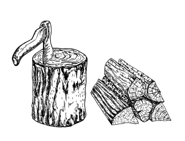 Camping Axt Baumstumpf und Holz schneiden. Äxte, Baumstümpfe und Brennholz. Vector vintage illustration. Schwarz-weiße Skizze. — Stockvektor