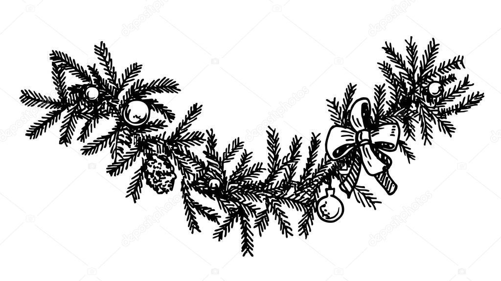 Christmas garland. Vector hand made illustration with pine braid, fir trees. Engraved traditional Christmas botanical decorations. Greeting cards, holiday banner