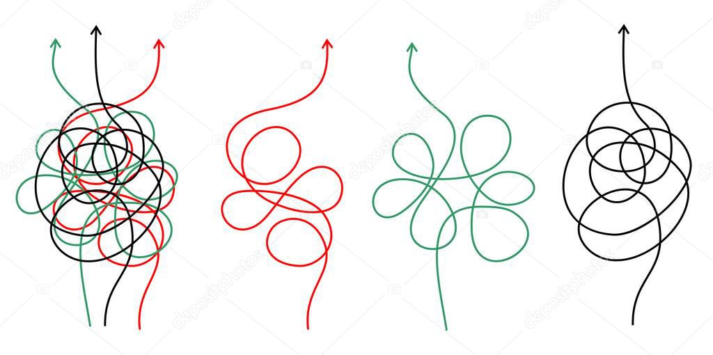 Confusing difficult arrows. Tangle scribbles with arrow, simple lines knot designs, chaos tangled drawing wires. Messy scribble threads isolated on white. Challenge. Vector illustration