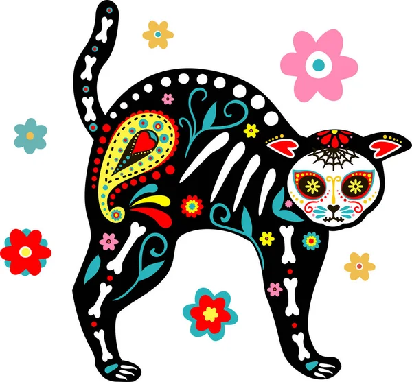 Den mrtvých, Dia de los muertos, zvířecí lebka a kostra zdobená barevnými mexickými prvky a květinami. Fiesta, Halloween, plakát, párty. Vektorová ilustrace — Stockový vektor