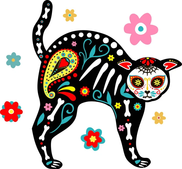 Día de los Muertos, Día de los muertos, cráneo de animal y esqueleto decorado con coloridos elementos y flores mexicanas. Fiesta, Halloween, cartel navideño, fiesta. Ilustración vectorial — Vector de stock