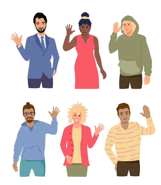 La gente saluda gesto plana vector ilustración conjunto. La gente saluda. Diferentes representantes de las naciones saludando mano. Hombres, mujeres en ropa casual decir hola. — Vector de stock