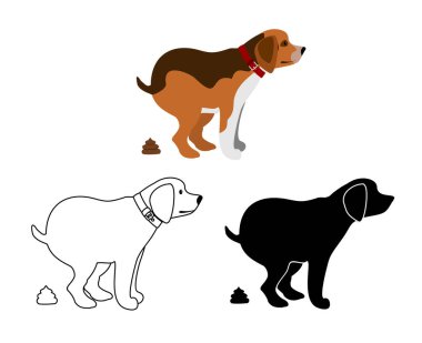 Kaka yapan köpek vektör çizimi. Pis köpek. Köpekler kaka sanatı, hayvan dışkısı ve köpek vektör siluetleri beyaz arka planda izole edilmiş.